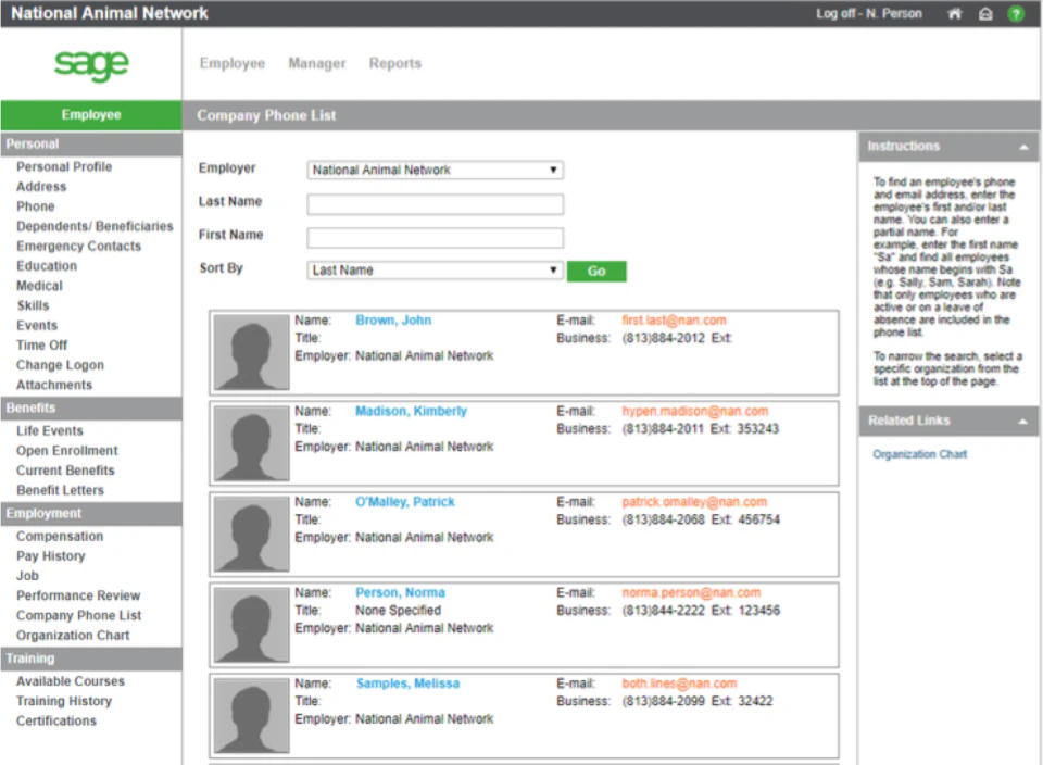 screenshot of Sage HRMS